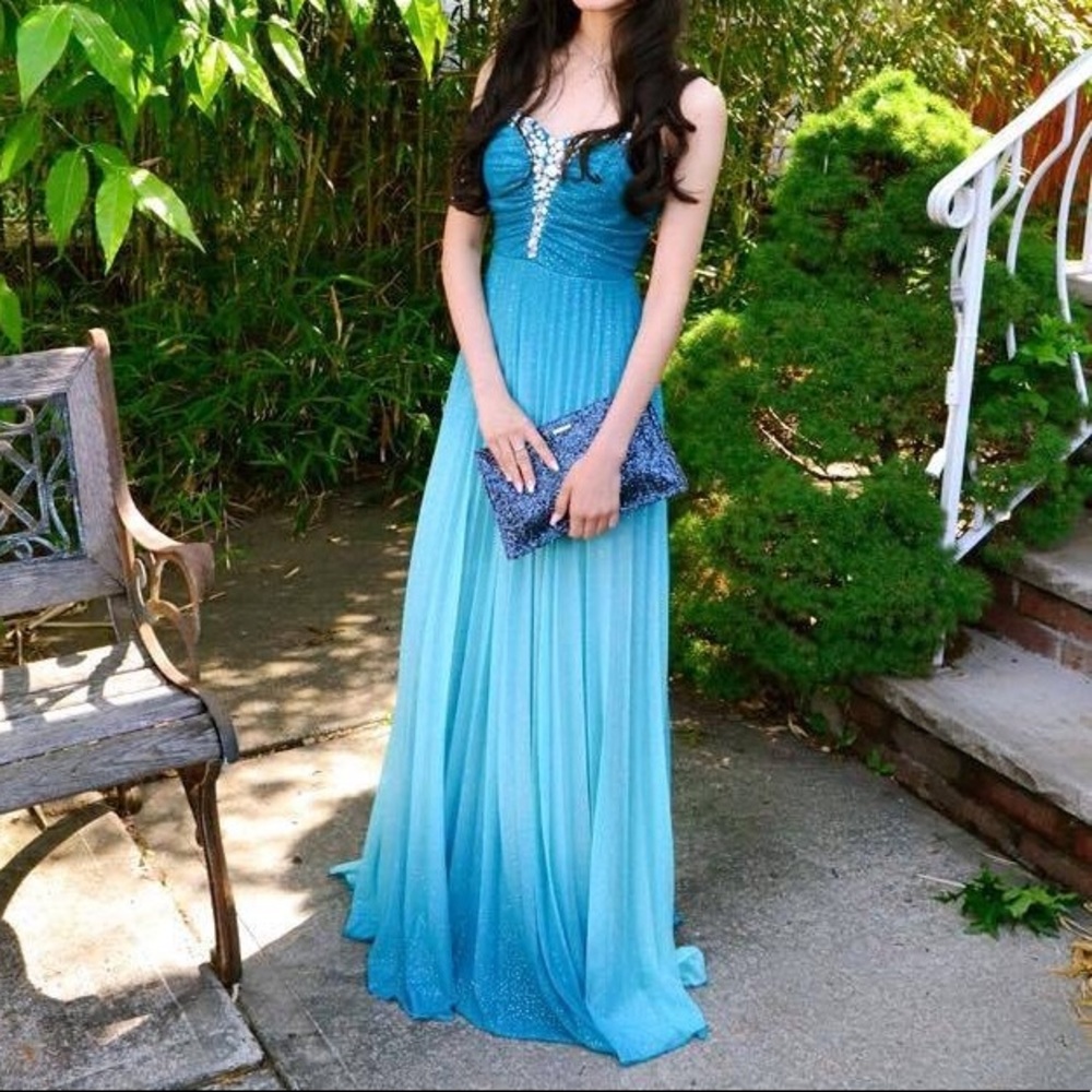 Strapless Sparkly Blue Ombré Prom Dress